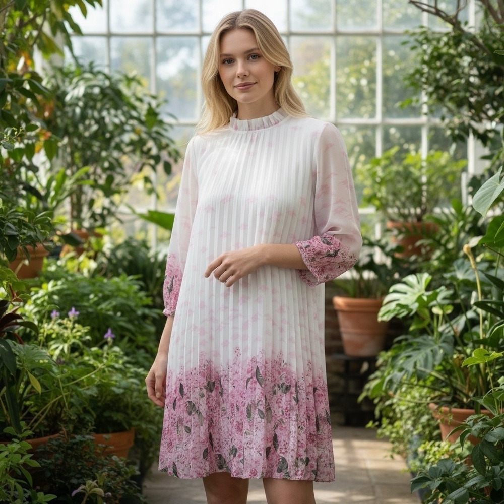 Chic Me Dress Womens Small Pink Floral Pleated Shift Mini 3/4 Sleeve Romantic